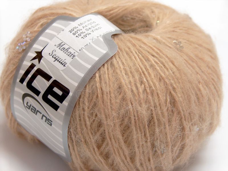 300 GR ICE HAND KNITTING YARN MOHAIR SEQUIN CAMEL BROWN